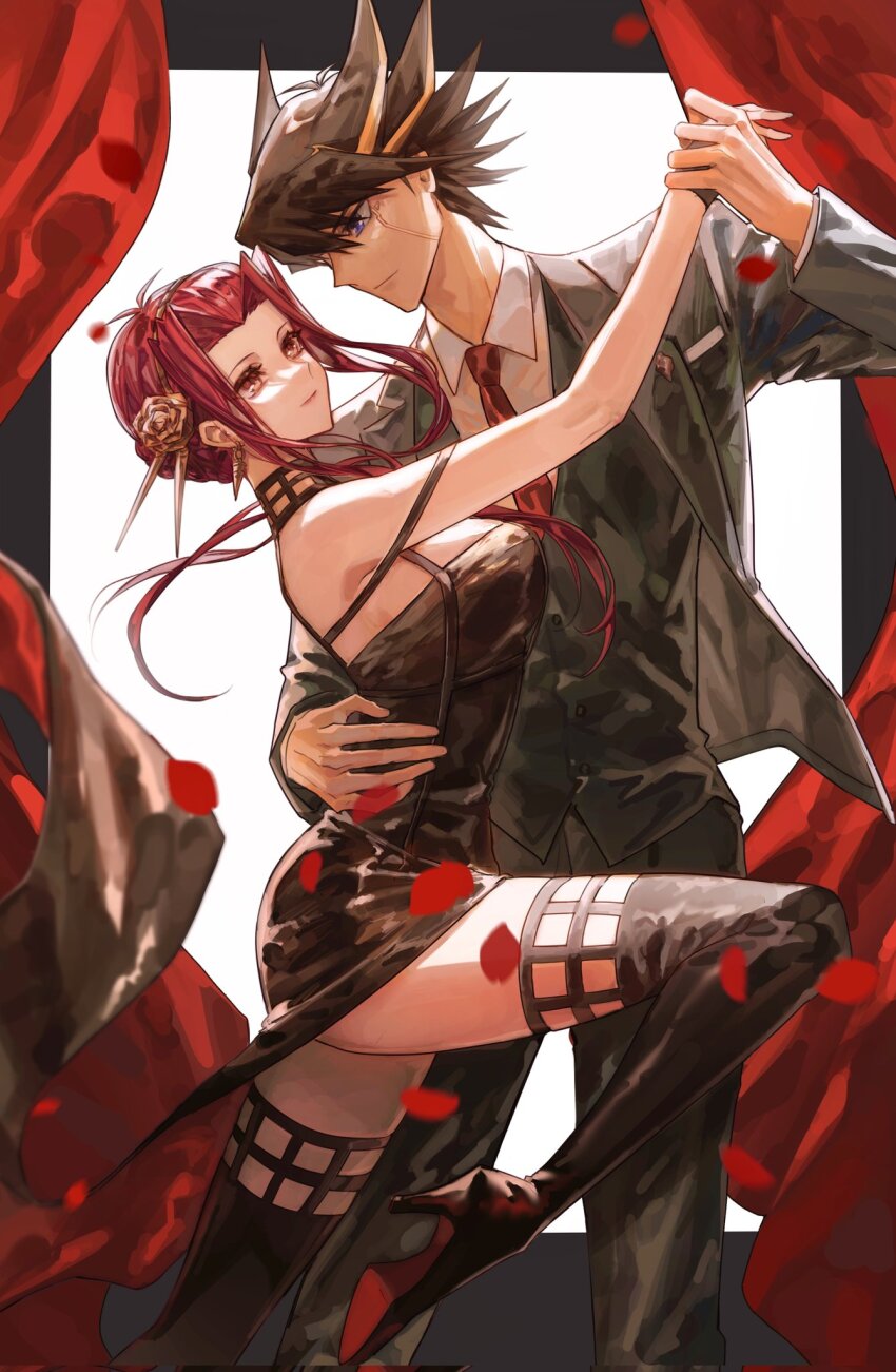 1boy 1girl amanda_lapalme artist_collaboration black_dress black_footwear black_hair black_pants black_vest blonde_hair blue_eyes boots breasts brown_eyes brown_flower brown_hairband closed_mouth collared_shirt commentary cosplay dancing dress eye_contact floating_hair flower fudo_yusei grey_jacket hair_flower hair_ornament hairband highres holding_hands izayoi_aki jacket large_breasts long_sleeves looking_at_another multicolored_hair naoki_(2rzmcaizerails6) necktie open_clothes open_jacket pants petals red_hair red_necktie sample_watermark shirt short_dress short_hair_with_long_locks sidelocks sleeveless sleeveless_dress spiked_hair spy_x_family thigh_boots thighhighs twilight_(spy_x_family) twilight_(spy_x_family)_(cosplay) two-tone_hair vest watermark white_shirt wing_collar yor_briar yor_briar_(cosplay) yu-gi-oh! yu-gi-oh!_5d&#039;s zettai_ryouiki
