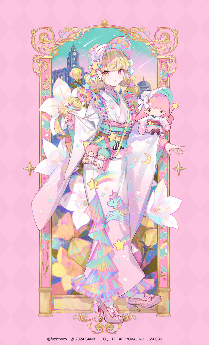 1girl 2024 artist_name blonde_hair bow braid chestnut_mouth commentary_request full_body fuzichoco hat hat_bow highres japanese_clothes kiki_(little_twin_stars) lala_(little_twin_stars) little_twin_stars long_hair long_sleeves looking_at_viewer multicolored_clothes multicolored_hair parted_lips pink_eyes pink_hair pink_shoes sanrio shoes solo standing streaked_hair twin_braids white_bow white_hat wide_sleeves