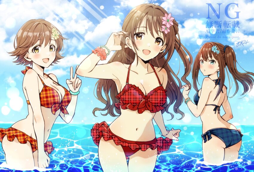 3girls absurdres armpits ass bikini blue_bikini blush breasts brown_hair cleavage commentary_request flipped_hair flower frilled_bikini frills hair_flower hair_ornament halterneck highres honda_mio idolmaster idolmaster_cinderella_girls long_hair looking_at_viewer median_furrow medium_breasts multiple_girls navel new_generations_(idolmaster) one_side_up orange_bikini outdoors popon_ta red_bikini scrunchie shibuya_rin shimamura_uzuki short_hair side-tie_bikini_bottom side_ponytail smile stomach swimsuit thigh_gap tucking_hair v very_long_hair wading watermark wrist_scrunchie