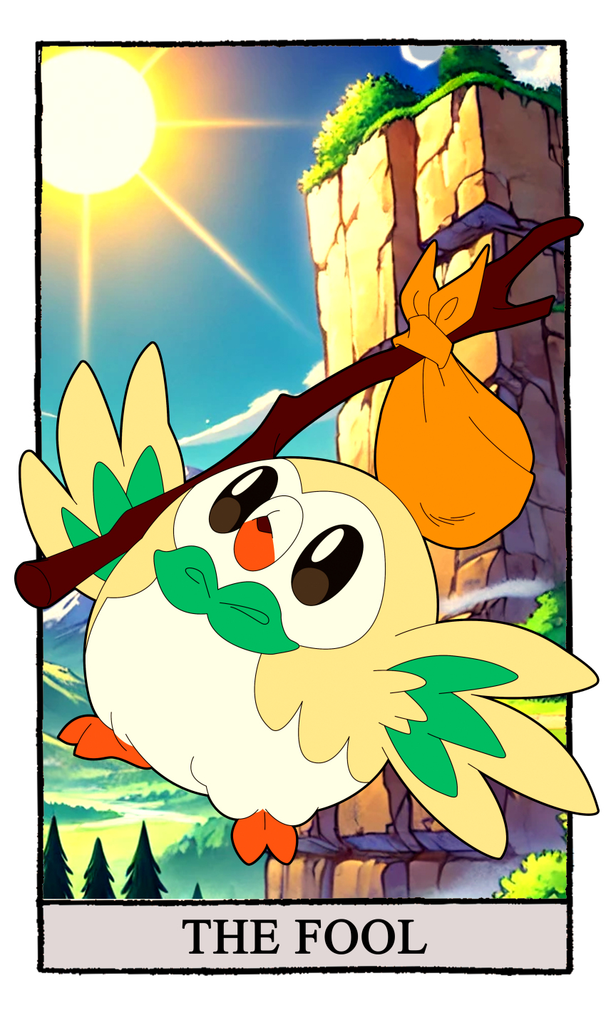 absurdres animal_focus bird black_eyes border bright_pupils card_(medium) carrotzmoonman day full_body gen_7_pokemon highres holding holding_sack holding_stick nintendo no_humans outdoors over_shoulder owl pokemon pokemon_(creature) rowlet sack screenshot_background stick sun tarot tarot_(medium) the_fool_(tarot) white_border white_pupils