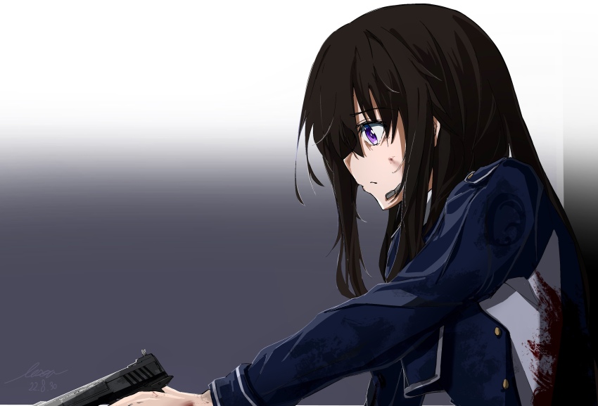 1girl absurdres black_hair blood blood_on_clothes blood_on_face blood_on_hands dated dress from_side gradient_background grey_background gun handgun headset highres holding holding_gun holding_weapon inoue_takina lesoa long_hair long_sleeves lycoris_recoil lycoris_uniform purple_eyes signature simple_background solo two-tone_dress upper_body weapon white_background