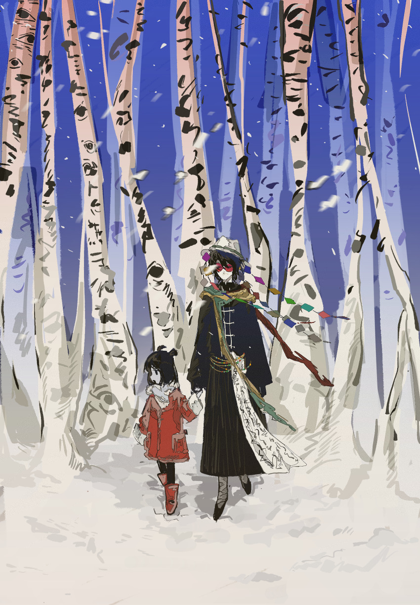 1boy 1girl birch_tree black_coat black_hair black_pantyhose boots child chinese_commentary coat commentary_request full_body hat height_difference highres holding_hands huai_huizhi huai_yunqing long_sleeves outdoors pantyhose red-tinted_eyewear red_boots red_coat round_eyewear roy681 short_hair short_twintails snow snowing tinted_eyewear touqi_guaitan tree twintails walking white_hat