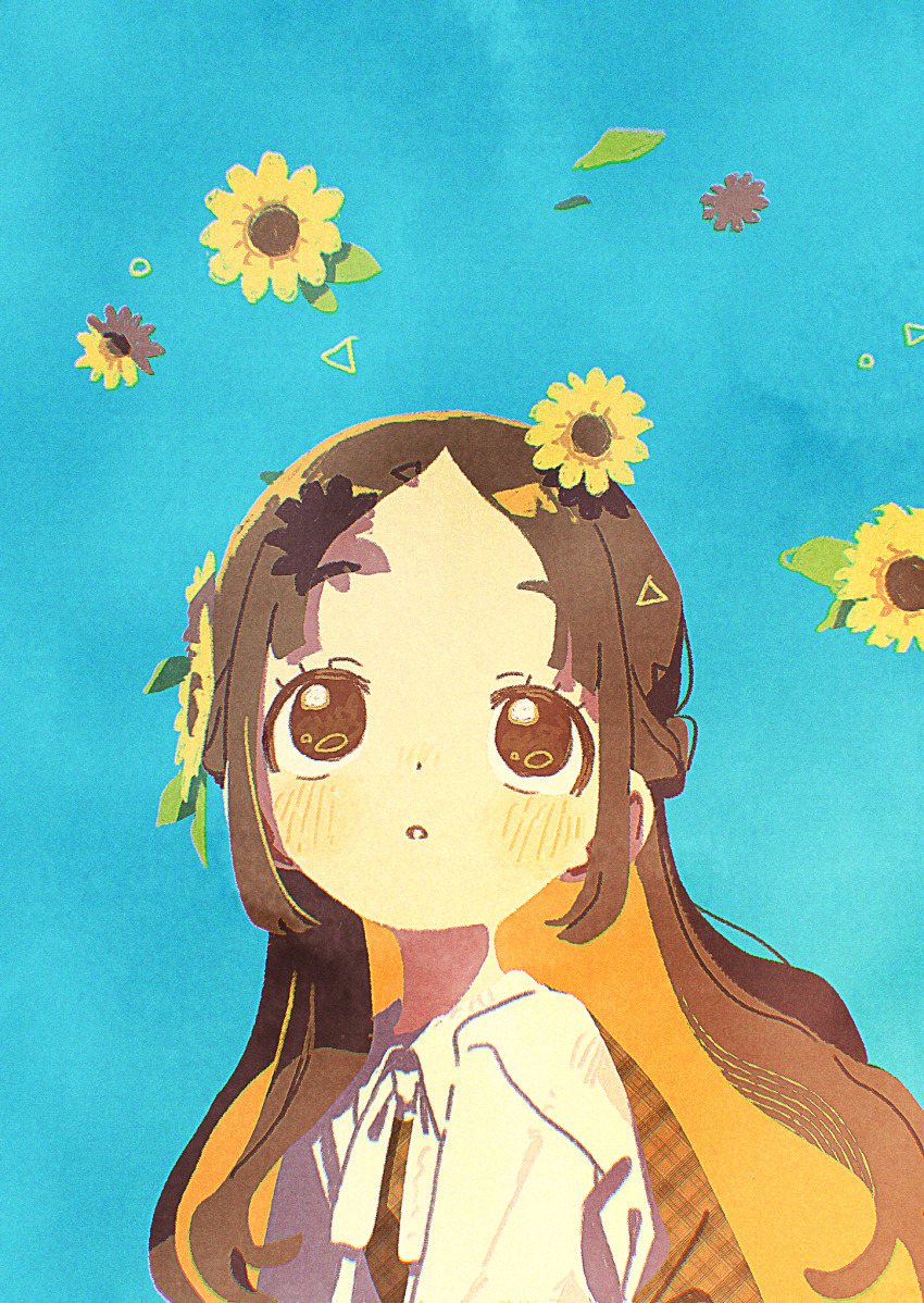 1girl :o blush brown_hair falling_flower flower gakuen_idolmaster highres idolmaster kuramoto_china long_hair looking_up nama_udon neck_ribbon parted_bangs ribbon shirt solo sunflower very_long_hair white_ribbon white_shirt
