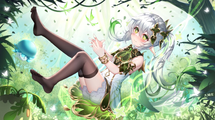 1girl absurdres bare_shoulders black_thighhighs bloomers blush bracelet cape closed_mouth commentary_request dahe_zhuang_(yishi_fanhua) day detached_sleeves dress floating_hair from_side full_body fungi_(genshin_impact) genshin_impact gold_trim gradient_hair green_cape green_eyes green_hair green_sleeves highres jewelry long_hair multicolored_hair nahida_(genshin_impact) on_swing outdoors paid_reward_available pointy_ears side_ponytail sitting sleeveless sleeveless_dress slime_(genshin_impact) smile solo swing symbol-shaped_pupils thighhighs tree underwear variant_set white_bloomers white_dress white_hair