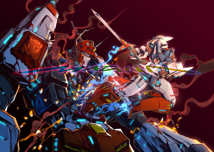 assault_visor autobot blue_eyes charging_forward commentary english_commentary fire highres holding holding_sword holding_weapon mecha metro_magna multiple_forms no_humans robot science_fiction smoke sparks star_saber_(transformers) sword transformers transformers_victory two-handed watermark weapon