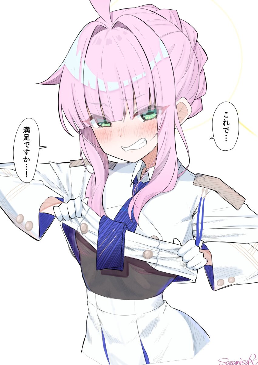 1girl ahoge artist_name blue_archive blue_necktie blunt_bangs blush chignon collared_jacket commentary_request disgust embarrassed eyes_visible_through_hair gloves green_eyes hair_bun hair_intakes hair_over_shoulder highres jacket kaya_(blue_archive) lifting_own_clothes long_sleeves looking_at_viewer necktie pink_hair sazamiso_rx signature simple_background single_hair_bun skirt solo speech_bubble tearing_up white_gloves white_jacket white_skirt