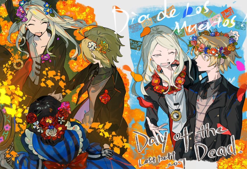 1girl 23hr55min 2boys black_coat black_pants blue_dress blue_eyes coat daybit_sem_void dia_de_muertos dress fate/grand_order fate_(series) highres long_hair marigold multiple_boys pants purple_eyes tezcatlipoca_(fate)
