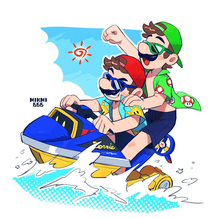 2boys artist_name backwards_hat blue-framed_eyewear blue_shirt blue_shorts brothers brown_hair clenched_hands facial_hair funky_dorrie green-framed_eyewear green_hat green_shirt grin hat highres jet_ski luigi luigi_(vacation) mario mario_(series) mario_(sunshine) mario_kart mario_kart_tour mikmi666 multiple_boys mustache nintendo official_alternate_costume open_clothes open_mouth open_shirt print_shirt red_hat shine_spark shirt short_hair short_sleeves shorts siblings smile sunglasses super_mushroom water watercraft