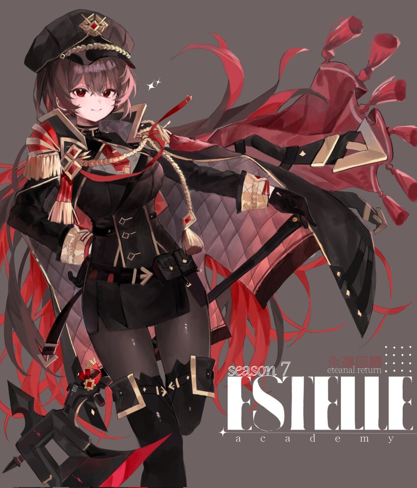 1girl black_boots black_gloves black_jacket black_survival boots breasts brown_hair brown_pantyhose estelle_(black_survival) eternal_return:_black_survival gloves grey_shirt hat highres jacket large_breasts multicolored_hair pantyhose pink_hair shirt yuchan_00001