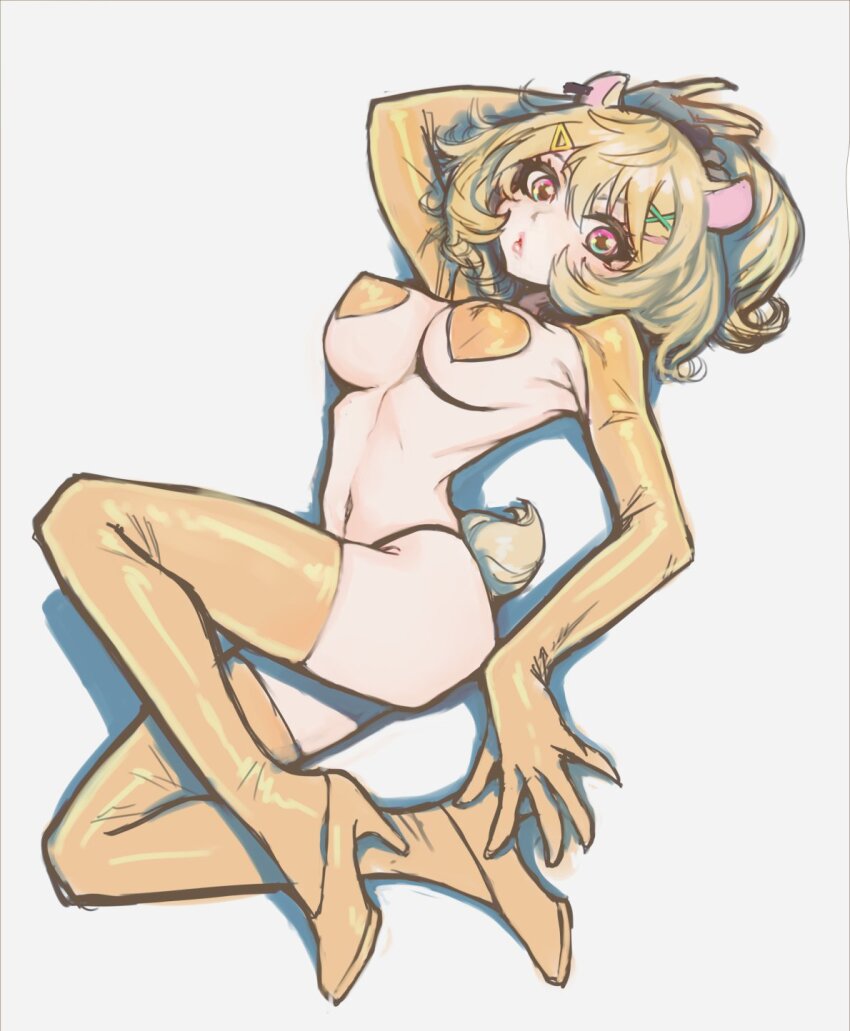 1girl animal_ears breasts eimi_isami hair_ornament hairclip hamster_ears hamster_tail high_heels highres large_breasts lipstick lying makeup navel on_back orange_hair pasties phase_connect pink_eyes solo sussynano tagme thighhighs virtual_youtuber