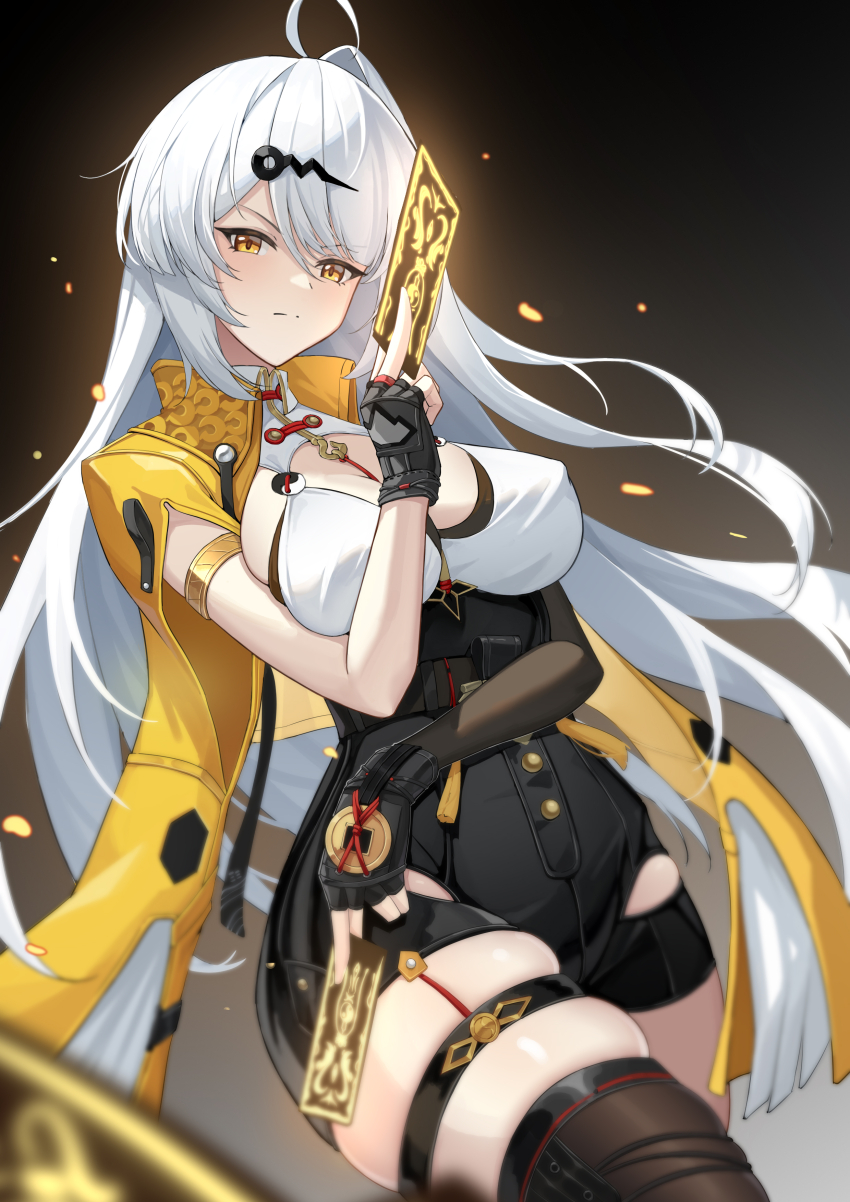 1girl absurdres ahoge armlet asymmetrical_gloves black_gloves black_shorts black_thighhighs closed_mouth collar commentary covered_erect_nipples cowboy_shot dai_mao_xuan_yi dark_background elbow_gloves fingerless_gloves gloves hair_ornament high-waist_shorts highres holding_ofuda jacket jewelry long_hair looking_at_viewer ofuda shirt shorts single_elbow_glove single_hair_intake single_thighhigh skindentation solo thighhighs thighs uneven_gloves very_long_hair white_collar white_hair white_shirt yellow_eyes yellow_jacket yixuan_(zenless_zone_zero) zenless_zone_zero