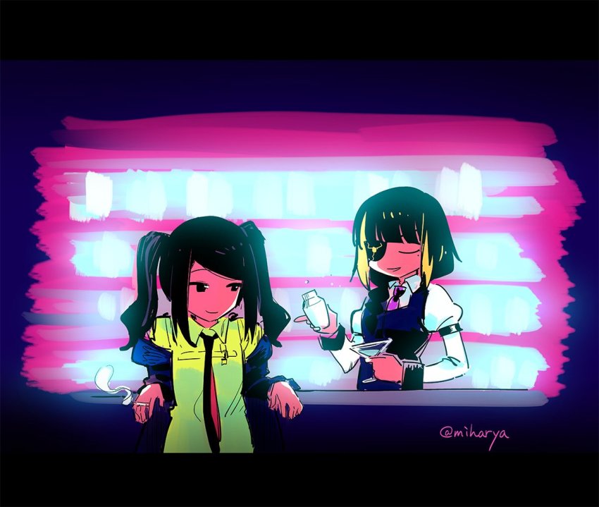 2girls bar_(place) bartender cigarette cocktail_glass cosplay costume_switch crossover cup drinking_glass eyepatch closed_eyes girls&#039;_frontline jacket jill_stingray m16a1_(girls&#039;_frontline) miharu_(cgsky) multiple_girls necktie shaker smile twintails va-11_hall-a