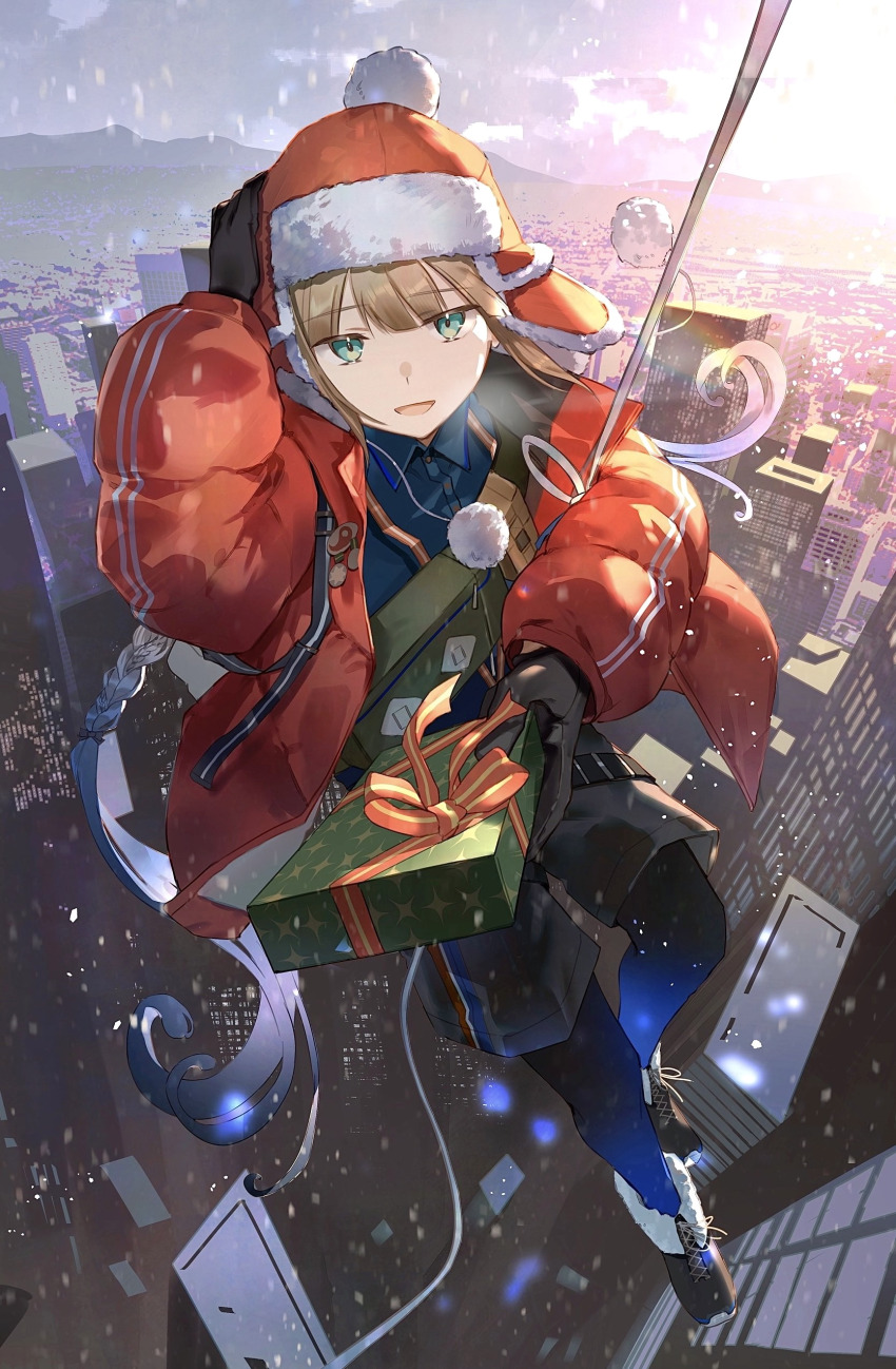 1boy absurdres aqua_eyes black_gloves black_shorts blue_pantyhose braid captain_nemo_(fate) city coat fate/grand_order fate_(series) fur_hat gloves gradient_hair hat highres hoshi_rasuku long_hair male_focus multicolored_hair nemo_(fate) captain_nemo_(santa)_(fate) pantyhose red_coat shorts snow ushanka visible_air