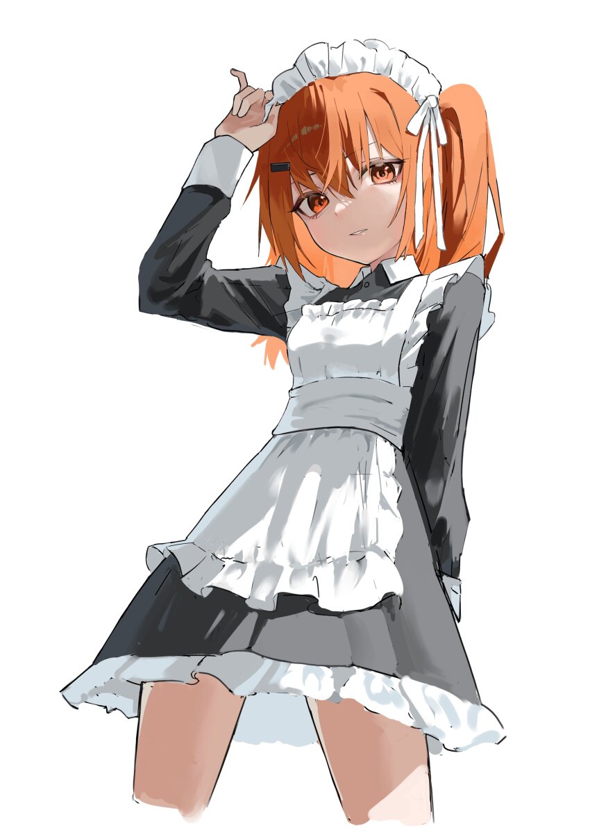 1girl a.i._voice absurdres adachi_rei adjusting_clothes adjusting_headwear alternate_costume apron arm_at_side black_dress breasts collared_dress cowboy_shot crossed_bangs dress enmaided frilled_apron frills hair_between_eyes hair_ornament hair_ribbon hairclip hand_up highres hu2924 long_hair long_sleeves maid maid_apron maid_headdress one_side_up orange_eyes orange_hair parted_lips ribbon short_dress sidelocks simple_background small_breasts solo utau white_apron white_background white_ribbon