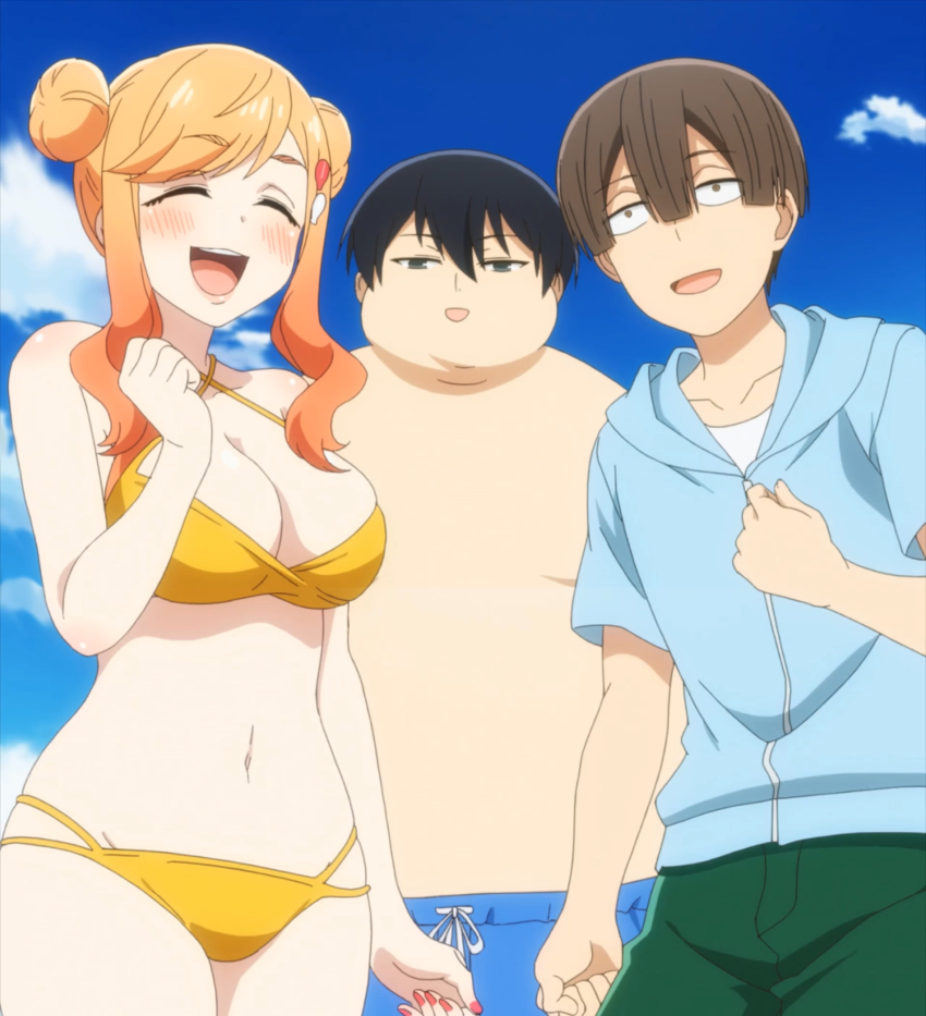 1girl 2boys assistant_(tejina_senpai) bikini blush breasts cleavage cloud closed_eyes highres large_breasts ma-kun_(tejina_senpai) multiple_boys nail_polish navel orange_hair outdoors saki-chan_(tejina_senpai) screencap sky standing swimsuit tejina_senpai_(series)