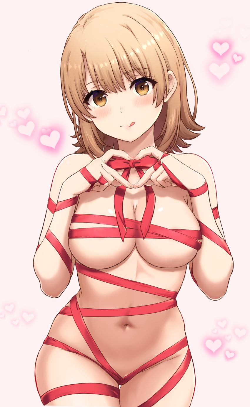 1girl :q absurdres blush bow breasts brown_eyes brown_hair cleavage commentary_request cowboy_shot heart heart_hands highres inanaki_shiki isshiki_iroha large_breasts looking_at_viewer medium_hair naked_ribbon red_bow red_ribbon ribbon ribbon_as_bra smile solo standing tongue tongue_out underboob yahari_ore_no_seishun_lovecome_wa_machigatteiru.