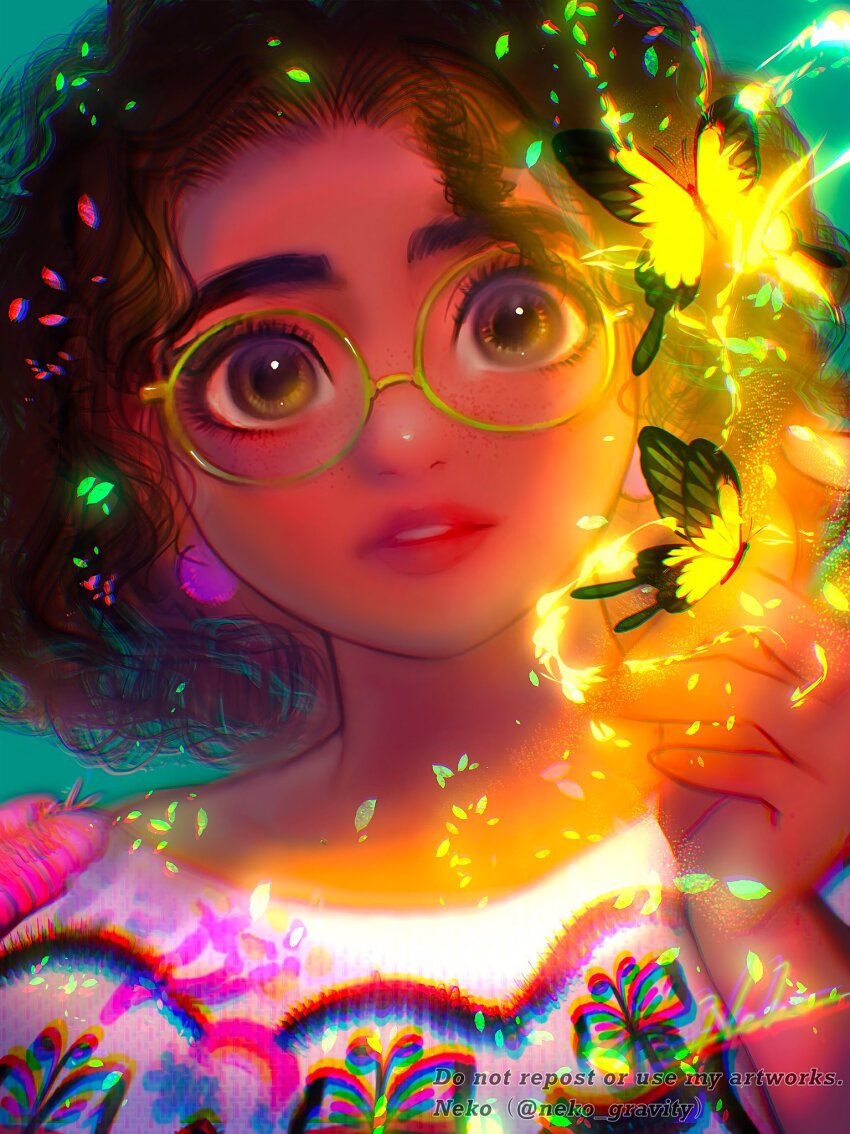 1girl brown_eyes brown_hair bug butterfly curly_hair dark-skinned_female dark-skinned_male dark_skin dress earrings embroidery encanto glasses green-framed_eyewear highres insect jewelry mirabel_madrigal multiple_girls nyamunekonabe round_eyewear shirt short_hair simple_background smile solo thick_eyebrows