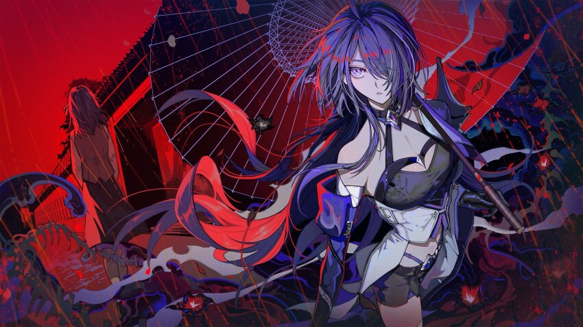2girls acheron_(honkai:_star_rail) black_choker black_gloves black_hole black_shorts boots breasts chain chain_around_arm choker cleavage coat coattails color_connection colored_extremities dress endo_(takolegs) fate/stay_night fate_(series) gloves hair_over_one_eye hair_ribbon highres holding honkai:_star_rail honkai_(series) knee_boots large_breasts long_hair long_sleeves matou_sakura midriff multicolored_hair multiple_girls navel official_art purple_eyes purple_hair purple_veil red_hands red_petals red_ribbon ribbon scabbard sheath short_hair shorts single_bare_shoulder single_knee_boot single_thigh_boot single_wide_sleeve streaked_hair thigh_boots veil very_long_hair weapon white_coat