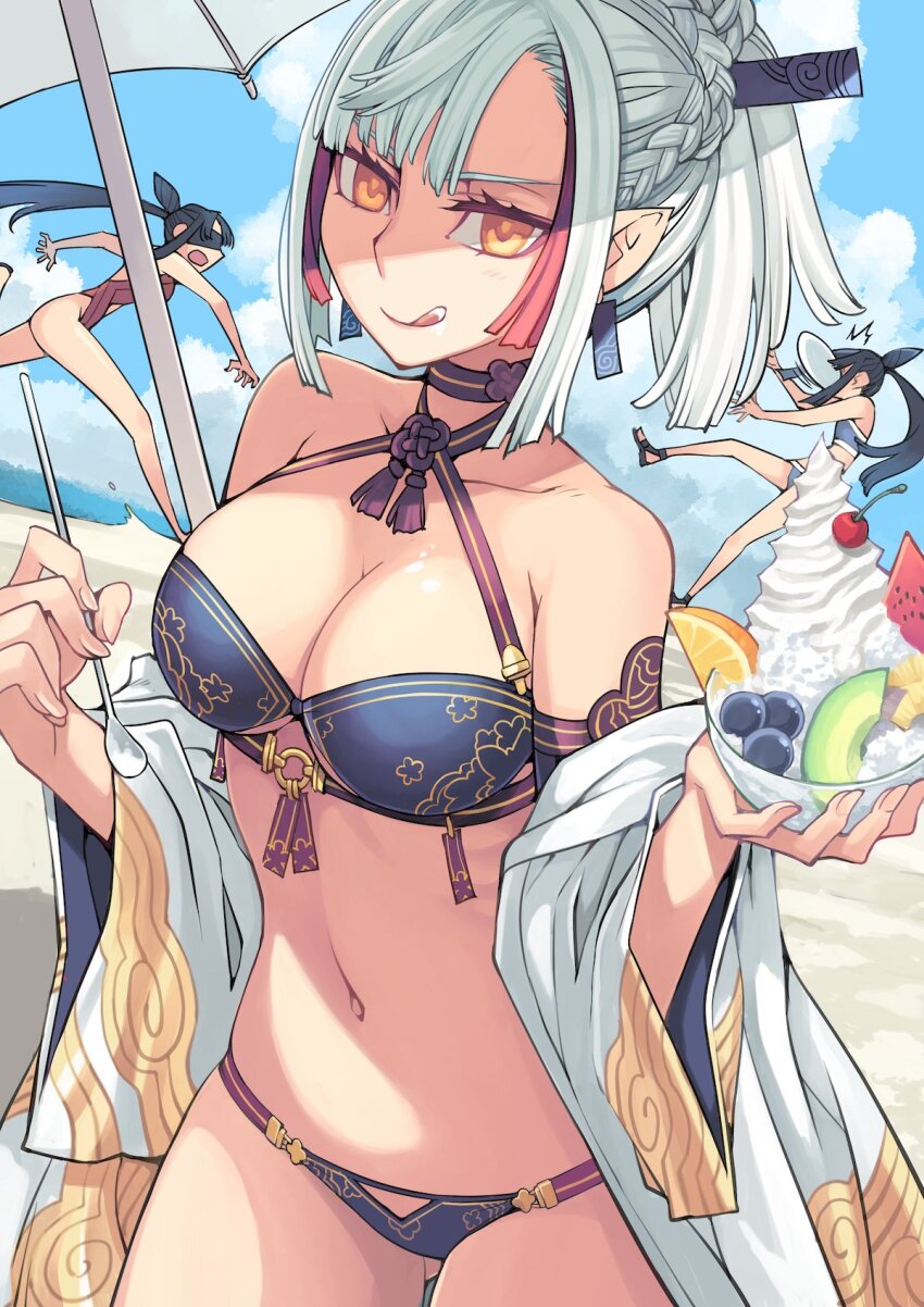 3girls alternate_costume ball beach bikini black_bikini braid breasts cleavage collarbone fate/grand_order fate_(series) food high_ponytail highres holding holding_food holding_spoon kiichi_hogen_(fate) large_breasts looking_at_viewer multicolored_hair multiple_girls navel oomori_aoi outdoors pointy_ears ponytail red_hair short_hair side_braid spoon swimsuit taira_no_kagekiyo_(fate) tongue tongue_out two-tone_hair ushiwakamaru_(fate) ushiwakamaru_(swimsuit_assassin)_(fate) ushiwakamaru_(swimsuit_assassin)_(first_ascension)_(fate) white_hair yellow_eyes