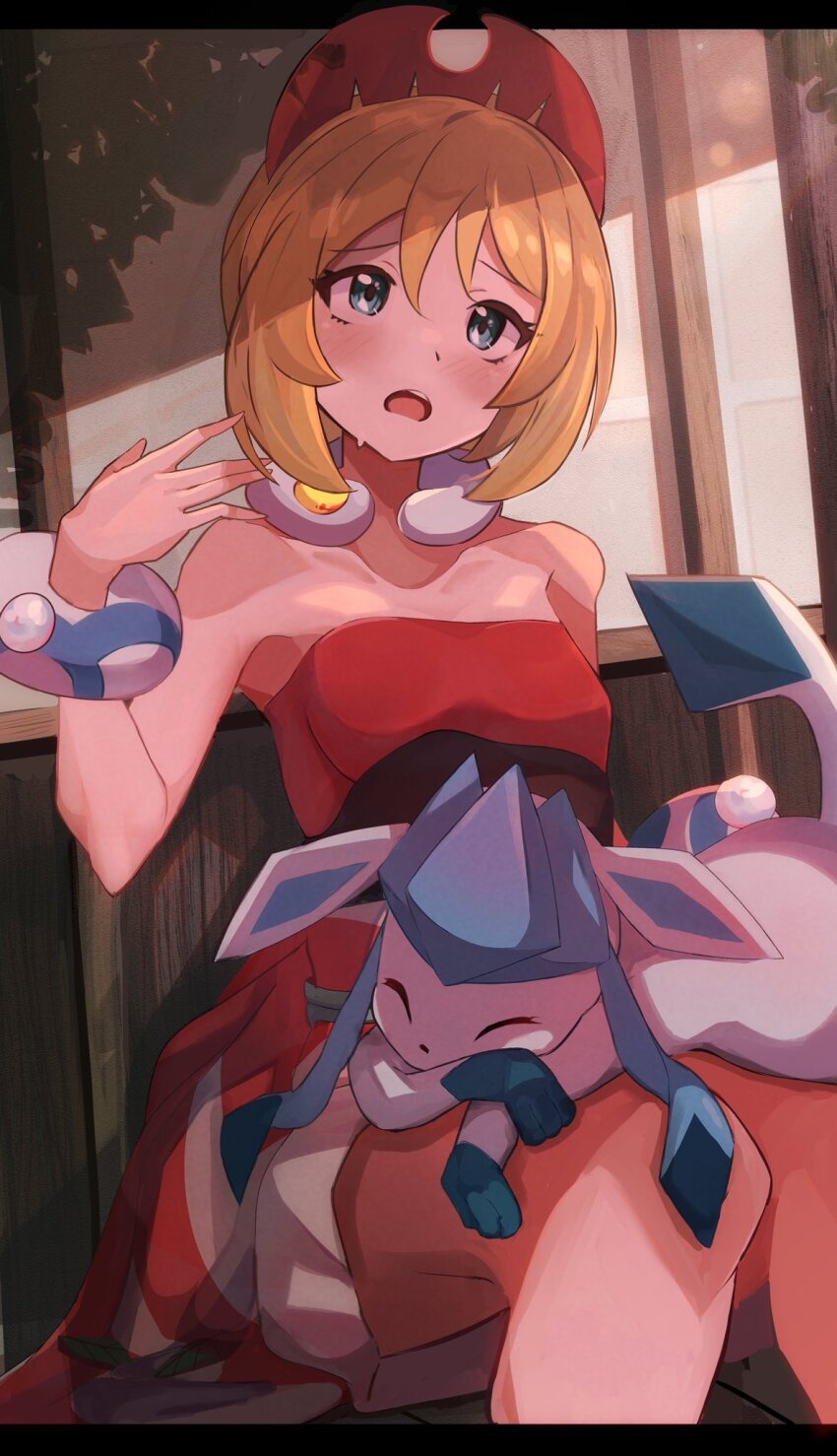 1girl blonde_hair blue_eyes bracelet commentary fanning_self gen_4_pokemon glaceon hairband highres irida_(pokemon) jewelry knees neck_ring nintendo on_lap open_mouth pokemon pokemon_(creature) pokemon_legends:_arceus pokemon_on_lap red_hairband red_shirt shirt short_hair shorts strapless strapless_shirt umiru waist_cape white_shorts
