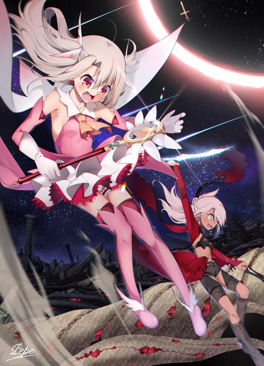 2girls armor ascot bare_shoulders black_panties blush boots breastplate breasts bridal_gauntlets cape chloe_von_einzbern chloe_von_einzbern_(archer_install) dark-skinned_female dark_skin demon_pillar_(fate) dress earrings elbow_gloves fate/grand_order fate/kaleid_liner_prisma_illya fate_(series) feather_hair_ornament feathers gloves hair_bun hair_ornament hairpin half_updo highres illyasviel_von_einzbern jewelry kaleidostick kanshou_&amp;_bakuya_(fate) knee_boots layered_gloves long_hair long_sleeves magical_ruby multiple_girls night night_sky open_mouth orange_eyes panties pei_iriya pink_boots pink_dress pink_gloves pink_hair prisma_illya red_cape red_eyes showgirl_skirt shrug_(clothing) sidelocks skirt sky small_breasts smile stomach_tattoo sword tattoo thigh_boots two_side_up underwear wand weapon white_cape white_gloves white_hair white_skirt