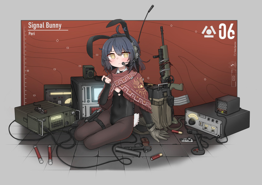 1girl absurdres ammunition animal_ears belt black_leotard black_pantyhose blush bridal_gauntlets cable character_request copyright_request covered_navel fake_tail gloves grey_hair gun handgun headset highres leotard looking_at_viewer microphone on_floor pantyhose playboy_bunny poncho rabbit_ears rabbit_tail radio short_hair single_glove sitting solo srtdrawart tail thigh_belt thigh_strap tile_floor tiles weapon weapon_request yokozuwari