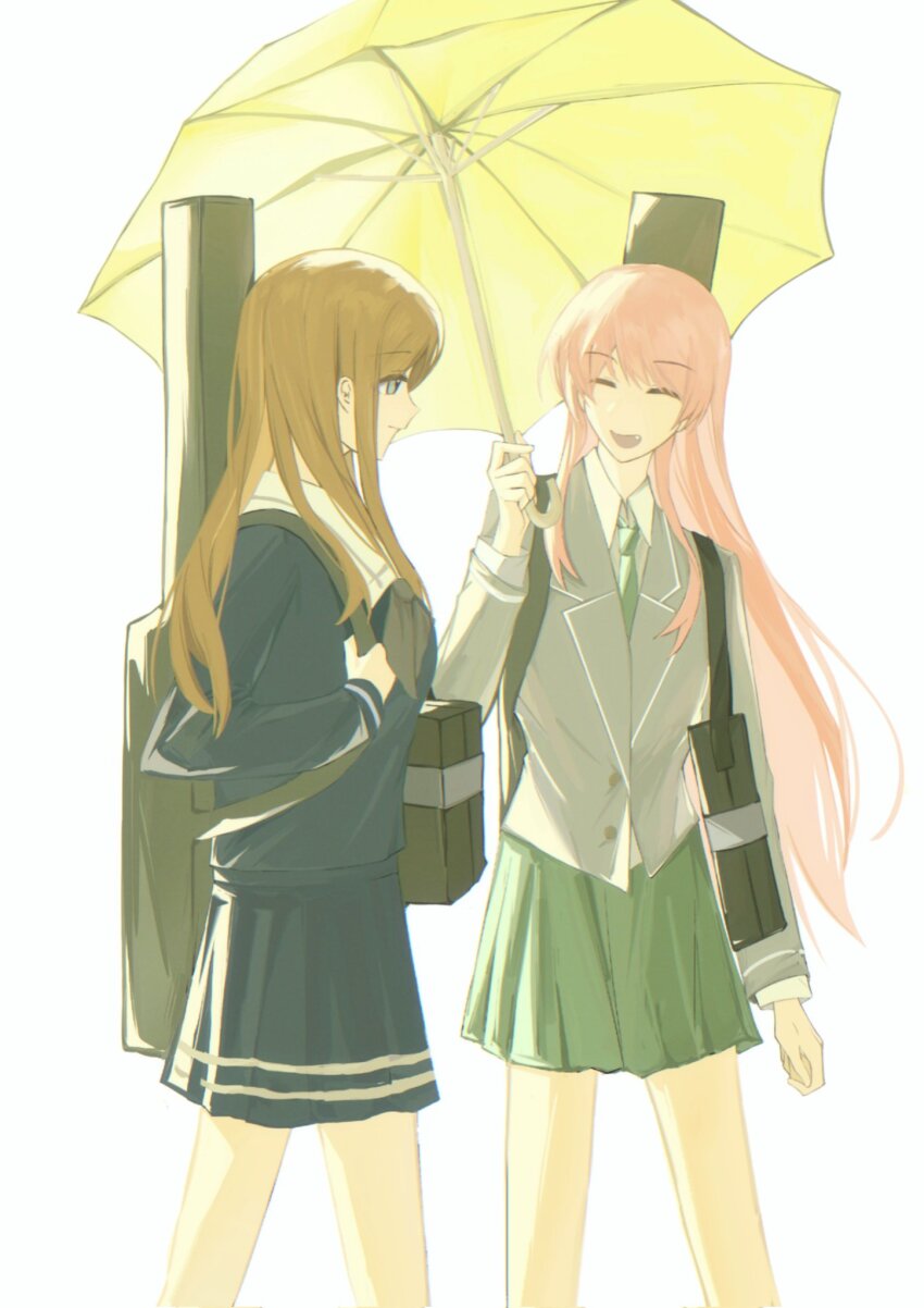 2girls bang_dream! bang_dream!_it&#039;s_mygo!!!!! blue_shirt blue_skirt chihaya_anon closed_mouth commentary fang green_necktie green_skirt grey_jacket guitar_case haneoka_school_uniform highres holding holding_umbrella instrument_case instrument_on_back jacket long_hair multiple_girls nagasaki_soyo necktie open_mouth pink_hair school_uniform shirt sidelocks simple_background skirt symbol-only_commentary tsukinomori_school_uniform umbrella white_background xz7y_(xyyy7028)