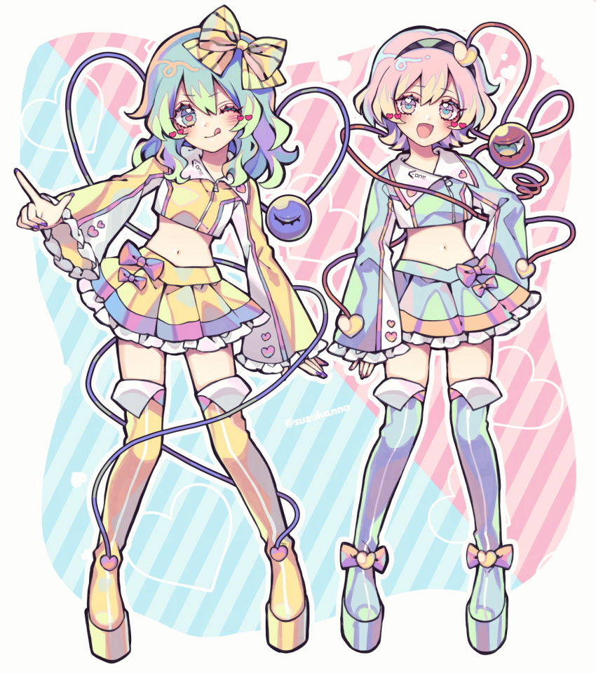 2girls :d ;q a-one aqua_boots aqua_jacket aqua_skirt black_hairband blue_background blush boots bow commentary cropped_jacket cutout_eyelashes double-parted_bangs english_commentary frilled_skirt frilled_sleeves frills full_body green_eyes green_hair hair_bow hair_ornament hairband heart heart-shaped_pupils heart_hair_ornament heart_in_eye highres jacket komeiji_koishi komeiji_satori kyouda_suzuka long_hair long_sleeves looking_at_viewer midriff miniskirt multiple_girls nail_polish navel one_eye_closed open_mouth pink_background pink_eyes pink_hair pink_nails platform_boots pleated_skirt purple_bow purple_nails short_hair siblings sisters skirt smile standing striped_bow symbol-shaped_pupils symbol_in_eye thigh_boots third_eye tongue tongue_out touhou two-tone_background yellow_boots yellow_bow yellow_jacket yellow_skirt zipper