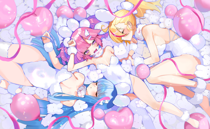 3girls :d ahoge animal_ears ankleband anno_aano balloon bare_shoulders barefoot black_eyes blonde_hair blunt_bangs blunt_ends blush bow breasts buro_(muse_dash) cleavage closed_eyes collar covered_navel detached_collar fake_animal_ears fake_tail fang fur_wrist_cuffs hair_bow hair_ornament heart heart_balloon highres large_breasts leotard long_hair looking_at_viewer lying marija_(muse_dash) medium_breasts multicolored_hair multiple_girls muse_dash official_art on_back on_side open_mouth parted_lips pink_bow pink_eyes pink_hair pink_ribbon pink_streaks playboy_bunny ponytail rabbit rabbit_ears rabbit_tail ribbon rin_(muse_dash) second-party_source short_hair short_twintails single_thighhigh skin_fang smile strapless strapless_leotard streaked_hair tail thighhighs twintails very_long_hair white_ankleband white_bow white_collar white_leotard white_thighhighs white_wrist_cuffs wing_hair_ornament wrist_cuffs