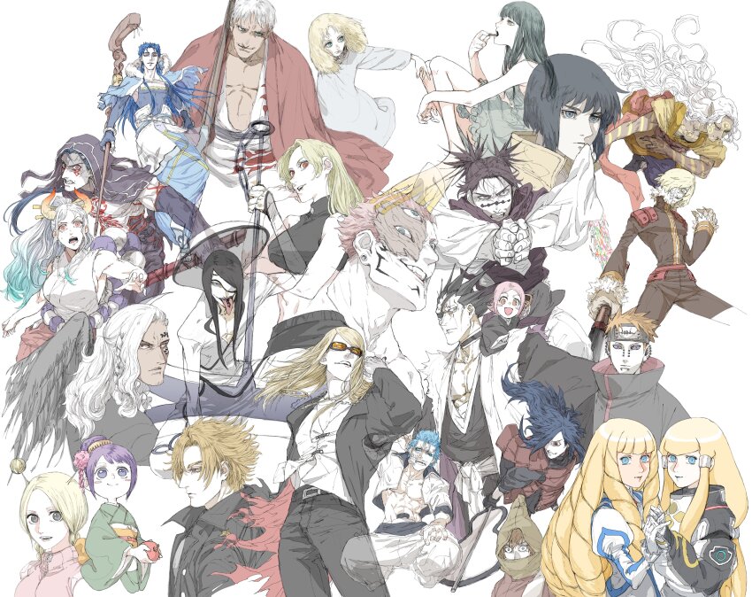 6+boys 6+girls absurdres antennae black_pants black_wings bleach blonde_hair blue_eyes blue_hair braid breasts character_request choso_(jujutsu_kaisen) conis copyright_request cu_chulainn_(caster)_(fate) cu_chulainn_(fate) cu_chulainn_alter_(fate) daybit_sem_void dianna_soreil eyepatch facial_mark fate/grand_order fate_(series) fingernails ghost_in_the_shell green_kimono grimmjow_jaegerjaquez gundam hair_over_one_eye hair_tubes highres holding holding_hands holding_staff holding_weapon hole_on_body hood hood_down hood_up horns japanese_clothes jujutsu_kaisen juliet_sleeves kihel_heim kimono king_(one_piece) kurozumi_tama kusajishi_yachiru kusanagi_motoko kusuriuri_(shingi)_(mononoke) large_breasts long_sleeves mask medium_breasts mononoke multiple_boys multiple_girls naruto_(series) nnoitra_gilga one_piece orange_hair orange_horns pain_(naruto) pants pink_hair puffy_sleeves ryoumen_sukuna_(jujutsu_kaisen) ryoumen_sukuna_(true_form)_(jujutsu_kaisen) scar scar_on_face shiso_i4 short_hair sideboob sleeveless sleeveless_kimono staff tengen_toppa_gurren_lagann tezcatlipoca_(fate) tongue tongue_out tongue_tattoo tsukumo_yuki_(jujutsu_kaisen) turn_a_gundam uchiha_madara viral_(ttgl) weapon white_kimono white_pants wings yamato_(one_piece) zaraki_kenpachi