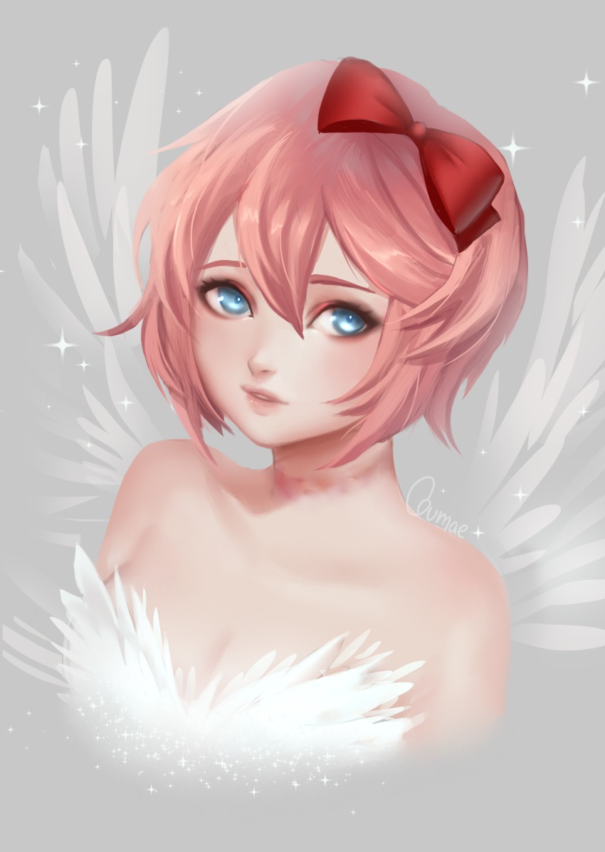 1girl angel_wings artist_name bare_shoulders blue_eyes bow commentary doki_doki_literature_club english_commentary female_focus grey_background gumae hair_between_eyes hair_bow highres looking_at_viewer panties pink_hair red_bow sayori_(doki_doki_literature_club) short_hair simple_background smile solo sparkle underwear wings