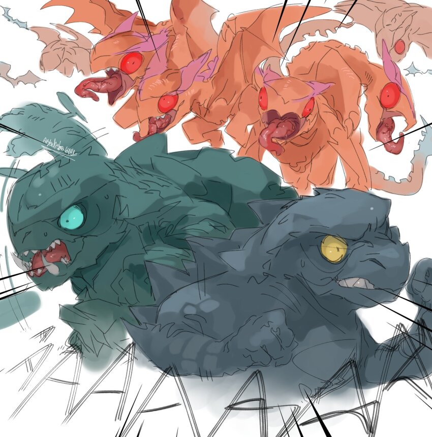 aryachebna_6494 break chibi crest crossover dinosaur engi_(animation_studio) gamera gamera_(series) gamera_-rebirth- giant giant_monster glowing glowing_eyes godzilla godzilla_(2014) godzilla_(series) green_eyes gyaos kadokawa kaiju legendary_pictures monster monsterverse no_humans open_mouth red_eyes running sharp_teeth simple_background tail talons teeth toho tongue tongue_out turtle tusks white_background wings yellow_eyes