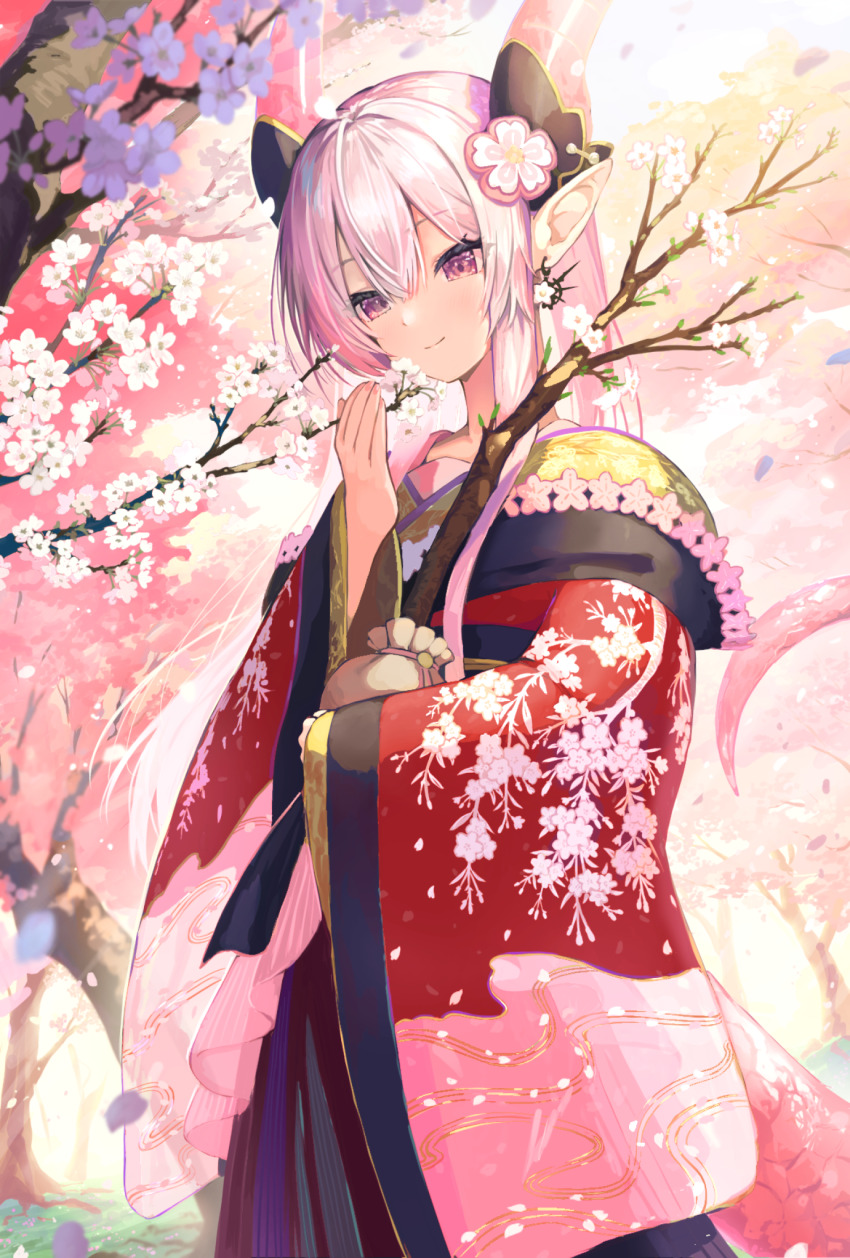 1girl cherry_blossoms cherry_tree earrings flower flower_earrings hair_flower hair_ornament highres jewelry original petals pi_(p77777778) pink_eyes pink_hair pink_tail pointy_ears solo standing