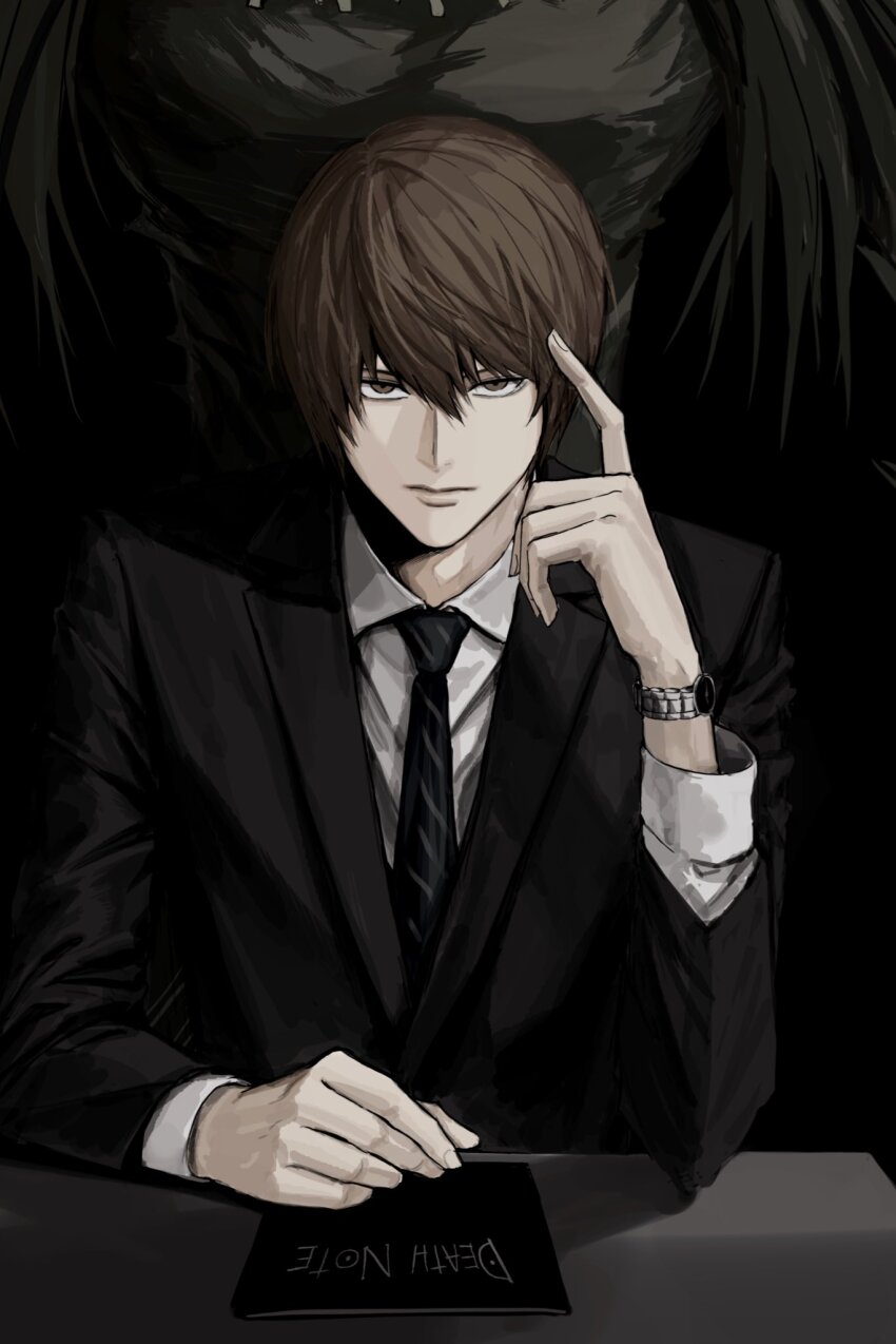 2boys black_jacket black_necktie brown_eyes brown_hair closed_mouth collared_jacket collared_shirt dark death_note death_note_(object) expressionless finger_to_head formal_clothes hair_between_eyes hand_on_table hand_up highres index_finger_raised jacket looking_at_viewer male_focus multiple_boys necktie ryuk shirt short_hair sitting solo_focus sso_s straight-on straight_hair tsurime upper_body white_shirt yagami_light