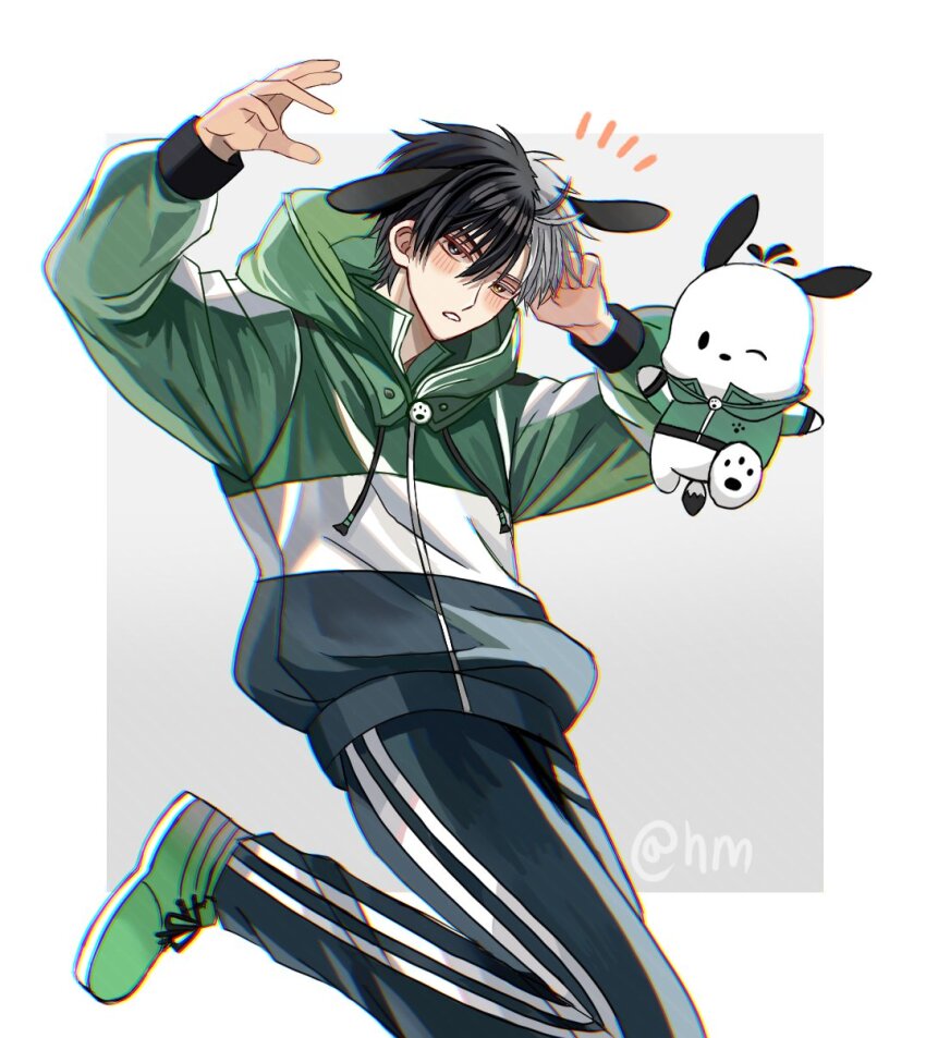 1boy 1other animal_ears black_eyes black_hair black_pants blush dog_boy dog_ears green_hoodie green_shoes grey_hair hair_between_eyes highres hood hoodie hyohls2_(hamao3o) jacket leg_up long_sleeves male_focus multicolored_hair multicolored_jacket pants pochacco sakura_haruka_(wind_breaker) sanrio shoes short_hair sweatpants two-tone_hair upper_body wind_breaker_(nii_satoru) yellow_eyes
