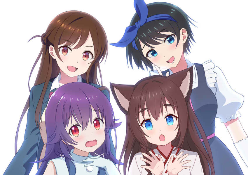 4girls :d animal_ear_fluff animal_ears black_dress black_hair black_jacket blazer blue_eyes brown_eyes brown_hair character_request commentary_request crossover derivative_work dress fang frilled_dress frills gloves hair_between_eyes hoshikuzu_telepath jacket japanese_clothes kanojo_okarishimasu kimono konohoshi_umika mizuhara_chizuru multiple_girls open_mouth puffy_short_sleeves puffy_sleeves purple_hair red_eyes ribbon-trimmed_kimono ribbon_trim sarashina_ruka school_uniform shirt short_sleeves simple_background sleeveless sleeveless_dress smile white_background white_gloves white_kimono white_shirt yutsuki_warabi