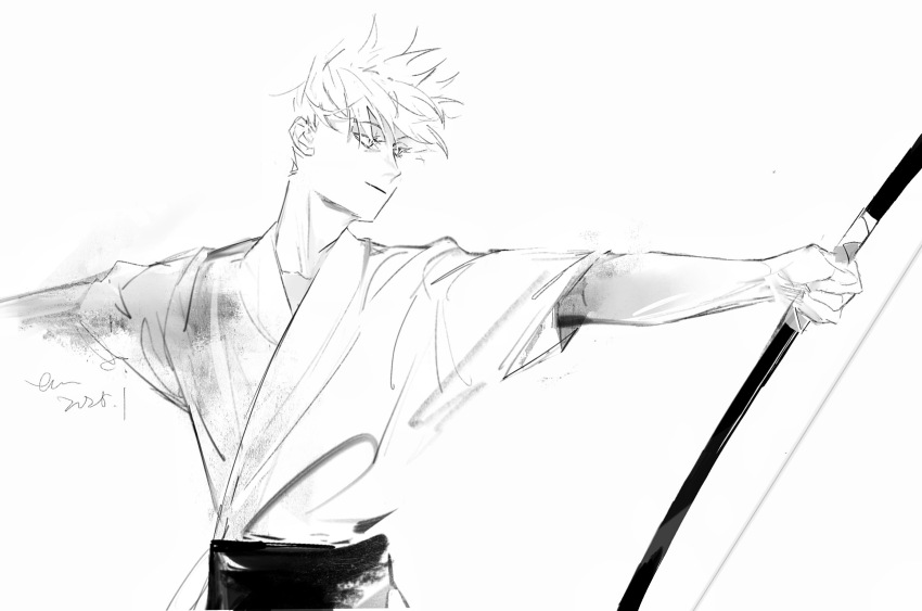 1boy archery artistguillotine bow_(weapon) chinese_commentary commentary_request dated gojou_satoru greyscale highres holding holding_bow_(weapon) holding_weapon japanese_clothes jujutsu_kaisen kimono kyuudou monochrome short_hair short_sleeves signature simple_background sketch smile solo upper_body weapon white_background yumi_(bow)