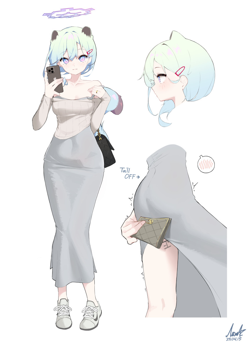 1girl absurdres alternate_costume animal_ear_fluff animal_ears aqua_hair ass blue_archive blue_halo body_writing breasts closed_mouth collarbone commentary covered_navel dongtan_dress dress english_text extra_ears from_side grey_dress hair_ornament hairclip halo highres holding holding_phone holding_wallet looking_at_viewer medium_breasts meme_attire mona_kkkk multiple_views phone purple_eyes shigure_(blue_archive) shoes short_hair simple_background smile spoken_blush standing tail thighs wallet weasel_ears weasel_girl weasel_tail white_background