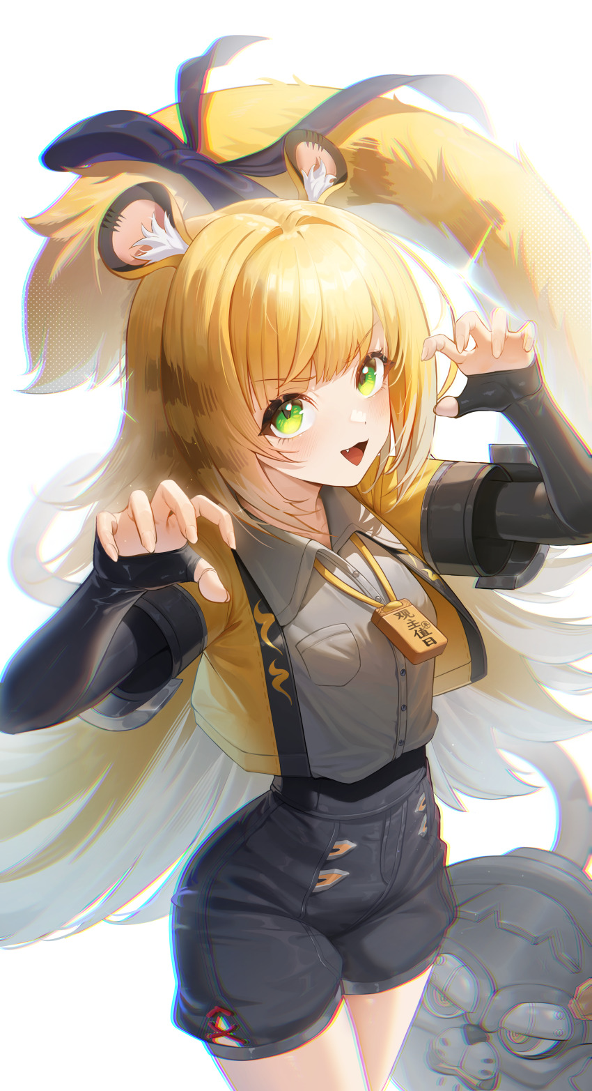 1girl :3 absurdres animal_ear_fluff animal_ears black_ribbon black_shorts blonde_hair chromatic_aberration claw_pose cowboy_shot fang green_eyes grey_shirt hair_intakes highres hu_wei_(zenless_zone_zero) ion_932 jacket jewelry ju_fufu long_hair looking_at_viewer multicolored_hair necklace open_clothes open_jacket open_mouth ribbon shirt shorts simple_background smile solo streaked_hair tail tail_ornament tail_ribbon tiger_ears tiger_girl tiger_tail very_long_hair white_background white_hair yellow_jacket zenless_zone_zero