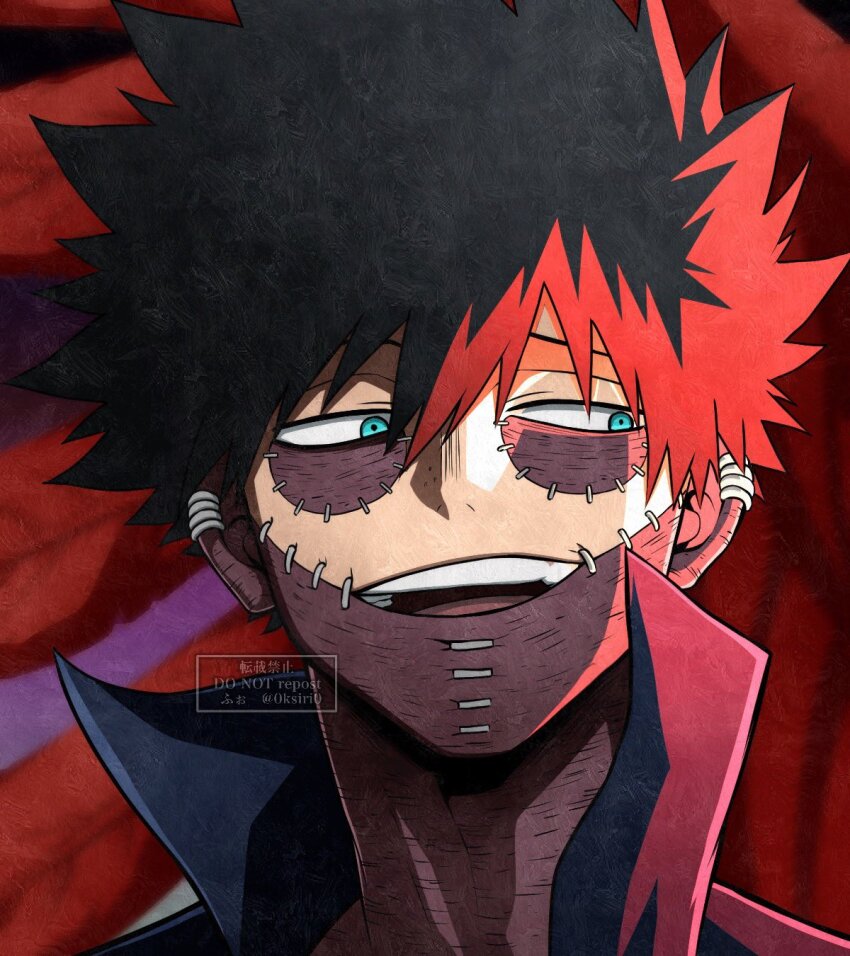 0ksiri0 1boy black_hair blue_eyes boku_no_hero_academia dabi_(boku_no_hero_academia) earrings face_piercing hair_between_eyes highres jewelry looking_to_the_side male_focus multiple_earrings open_mouth piercing red_background red_hair solo spiked_hair stapled stitched_face stitches teeth upper_body upper_teeth_only