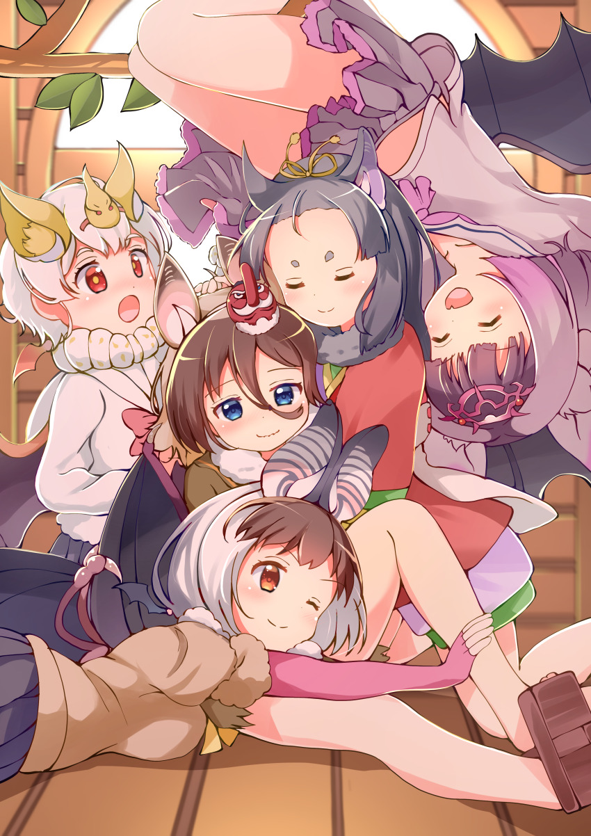 5girls :o ;) ^_^ absurdres animal_ears bare_legs bat_ears bat_girl bat_wings blue_eyes blurry blurry_background bow bowtie branch brown_eyes brown_hair brown_long-eared_bat_(kemono_friends) closed_eyes closed_mouth collarbone common_vampire_bat_(kemono_friends) elbow_gloves extra_ears fang fingerless_gloves forehead fraternal_myotis_(kemono_friends) fur-trimmed_sleeves fur_collar fur_trim geta gloves grey_hair group_hug group_picture group_profile hair_between_eyes hanging highres hilgendorf&#039;s_tube-nose_bat_(kemono_friends) honduran_white_bat_(kemono_friends) hug impossible_hair indoors japanese_clothes kemono_friends kimono knee_up lineup long_hair long_sleeves looking_at_another looking_at_viewer mask mask_on_head midriff_peek multicolored_hair multiple_girls one_eye_closed open_mouth outstretched_arm outstretched_leg parted_bangs pink_hair pleated_skirt profile red_bow red_bowtie red_eyes sailor_collar shirt short-sleeved_sweater short_sleeves sitting skin_fang skirt smile stomach sweater tengu-geta tengu_mask two-tone_hair upside-down user_cpmk8242 white_hair window wings