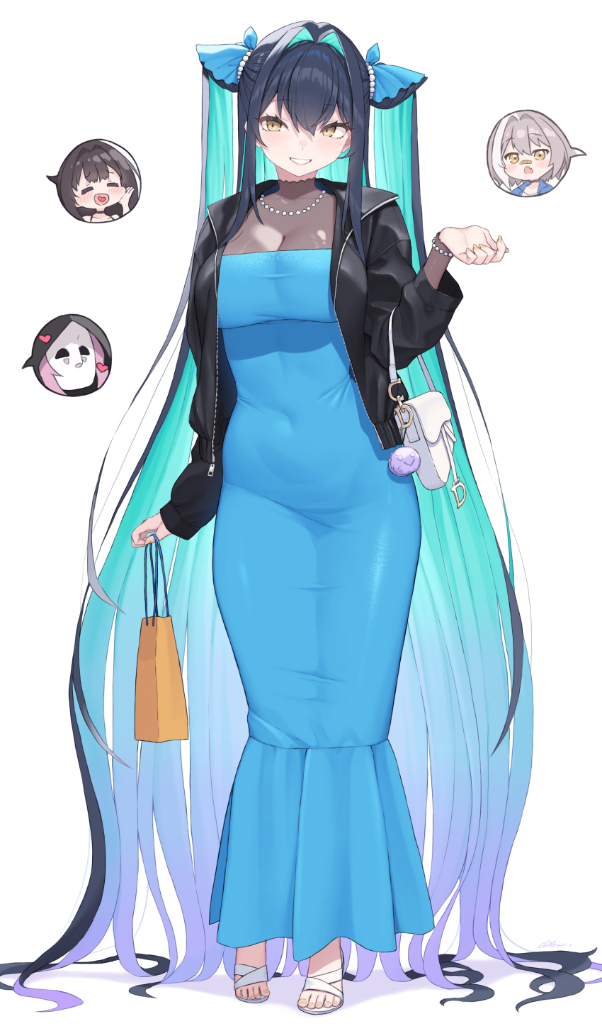 4girls absurdly_long_hair absurdres aqua_hair bag bead_necklace beads black_hair blue_dress blue_ribbon breasts cloba commentary_request dress full_body goddess_of_victory:_nikke gradient_hair hair_ribbon highres holding holding_bag jewelry large_breasts little_mermaid_(nikke) long_hair looking_at_viewer mihara_(nikke) mori_(nikke) multicolored_hair multiple_girls necklace purple_hair ribbon sandals simple_background smile solo standing toes very_long_hair white_background white_bag white_sandals yellow_eyes yuni_(chimera)_(nikke) yuni_(nikke)