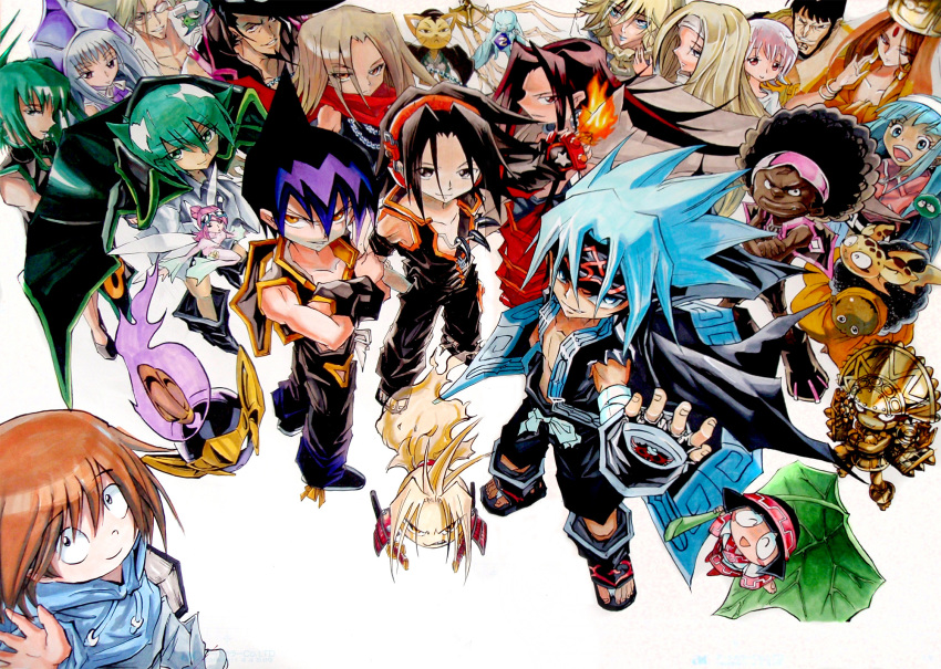 6+boys 6+girls amidamaru asakura_hao asakura_yoh bandana bason beard black_hair blonde_hair blue_eyes blue_hair book brown_eyes brown_hair china_dress chinese_clothes chocolove_mcdonell dress eliza_(shaman_king) facial_hair glasses gloves green_hair hairband headphones helmet highres husband_and_wife iron_maiden_jeanne jewelry johann_faust_viii kororo kyouyama_anna long_hair luchist_lasso lyserg_diethel marco_lasso matamune mic_(shaman_king) morphine multiple_boys multiple_girls necklace official_style ohachiyo opacho oyamada_manta pascal_avaf pink_hair red_eyes samurai sati_saigan shaman_king short_hair silver_hair smile spirit tamamura_tamao tao_jun tao_ren tokagerou torara_(shaman_king) traditional_media umemiya_ryuunosuke usui_horokeu usui_no_ken usui_pirika very_long_hair