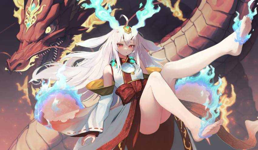 1girl absurdres ahoge bare_legs bare_shoulders barefoot blue_fire burning_clothes detached_sleeves dragon duel_monster eastern_dragon feet fiery_horns fire full_body highres horns japanese_clothes kabanoki knees_together_feet_apart kurikara_divincarnate leg_up legs long_hair long_sleeves mirror obi pink_hair red_eyes sash sharp_teeth slit_pupils soles solo teeth toenails toes wide_sleeves yellow_eyes yu-gi-oh!