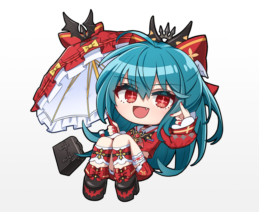 1girl :d bianca_(black_survival) black_shoes black_survival blue_hair briefcase chibi commentary cross-shaped_pupils eternal_return:_black_survival frilled_umbrella frills full_body gradient_background grey_background hair_between_eyes highres holding holding_umbrella long_hair long_sleeves looking_at_viewer nail_polish open_mouth platform_shoes pleated_skirt puffy_long_sleeves puffy_sleeves red_eyes red_nails red_shirt red_skirt red_umbrella sailor_collar school_briefcase school_uniform serafuku shirt shoes skirt sleeves_past_wrists smile solo symbol-shaped_pupils umbrella very_long_hair white_background white_sailor_collar yeong_r6