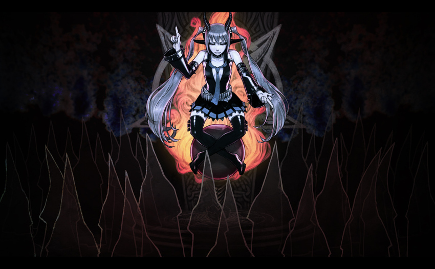 1girl album_cover ammunition_belt animal_ears aqua_hair aqua_necktie arm_up belt black_boots black_shirt black_skirt black_thighhighs blue_trim boots capirote cleavage_cutout closed_eyes clothing_cutout cover crowd detached_sleeves goat_ears goat_girl goat_horns hagane_miku hanji_(hansi) hatsune_miku horns indian_style necktie shirt sitting skirt sleeveless sleeveless_shirt solo_focus thigh_belt thigh_boots thigh_strap thighhighs vocaloid