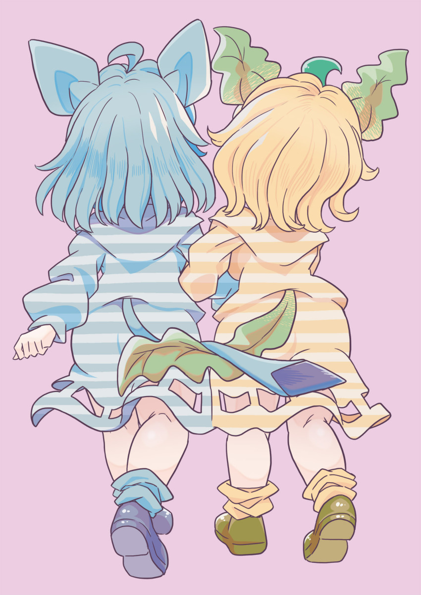 2girls ahoge blonde_hair blue_dress blue_footwear blue_hair blue_socks commentary_request cookie_(touhou) dress from_behind full_body gen_4_pokemon glaceon green_footwear highres leafeon locked_arms long_sleeves medium_hair multiple_girls nintendo nyon_(cookie) pink_background pokemon shoes simple_background socks striped_clothes striped_dress tsuzuchii walking yellow_dress yellow_socks