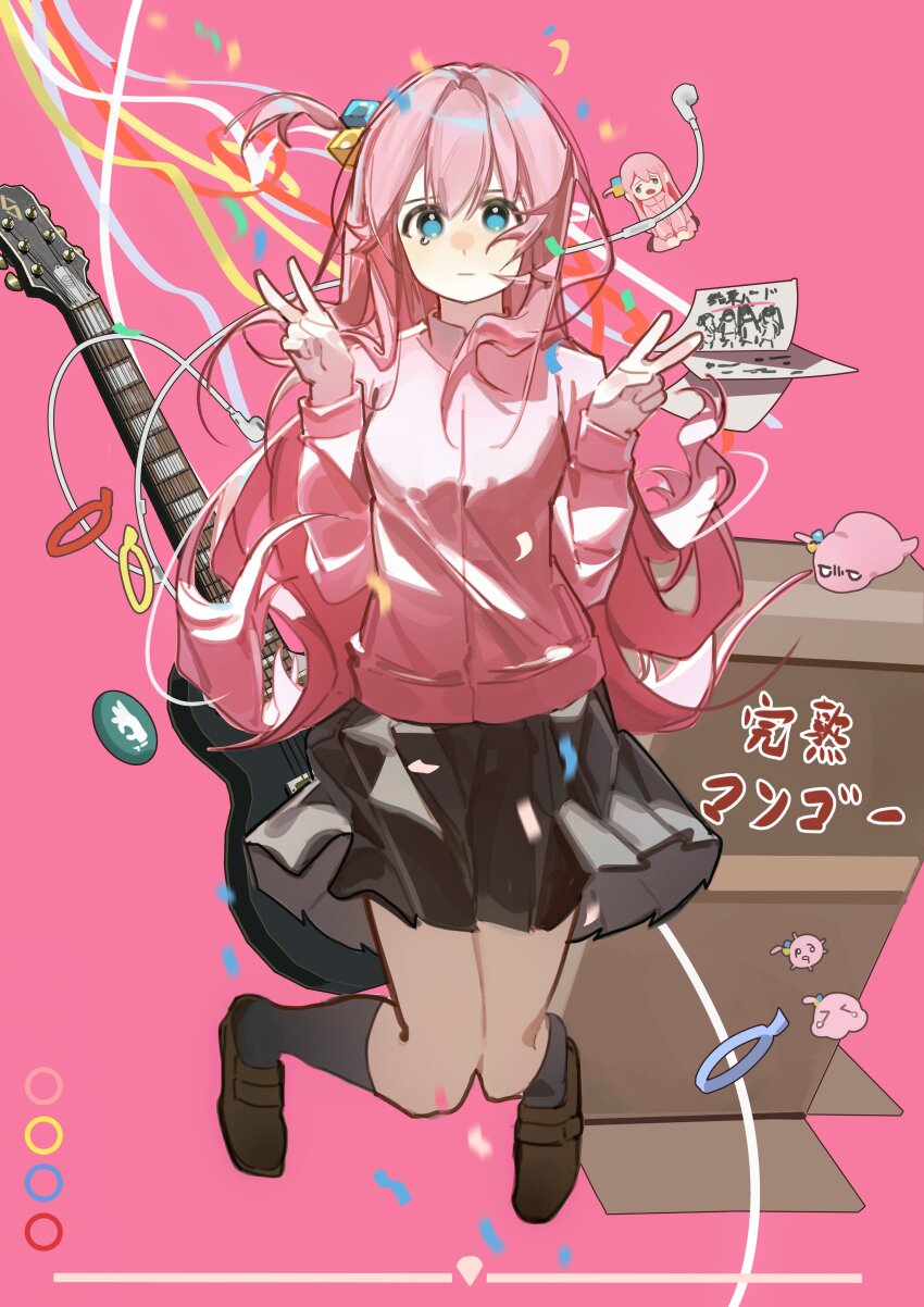 1girl absurdres blue_eyes bocchi_the_rock! carton electric_guitar flve gotoh_hitori guitar hair_ornament highres instrument jumping long_hair looking_at_viewer school_uniform simple_background skirt socks solo v