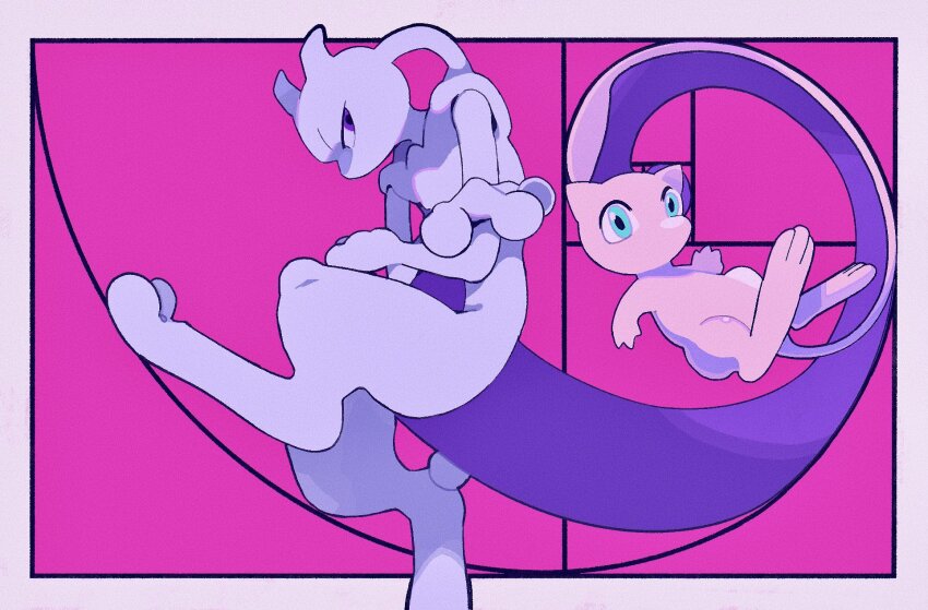 aqua_eyes border commentary crossed_arms fibonacci_sequence gen_1_pokemon gogot golden_spiral highres horns knees legendary_pokemon looking_back mew_(pokemon) mewtwo mythical_pokemon nintendo pink_background pokemon pokemon_(creature) purple_eyes white_border