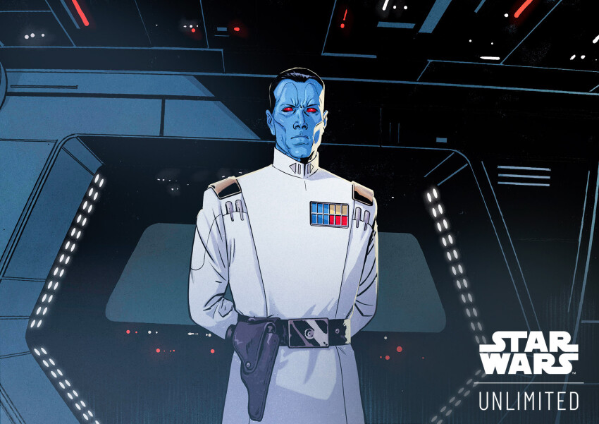 1boy alien arms_behind_back belt black_belt black_hair blue_skin borja_pindado chiss colored_skin copyright_name english_text grand_admiral_thrawn highres holster jacket male_focus red_eyes short_hair solo spacecraft_interior star_wars star_wars:_unlimited white_jacket